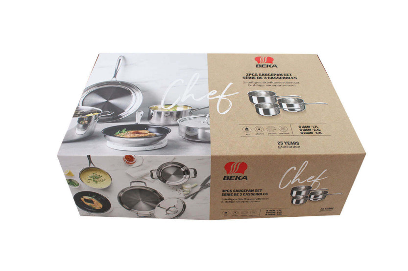 Set of 3 Beka Chef stainless steel saucepans 16 to 20cm
