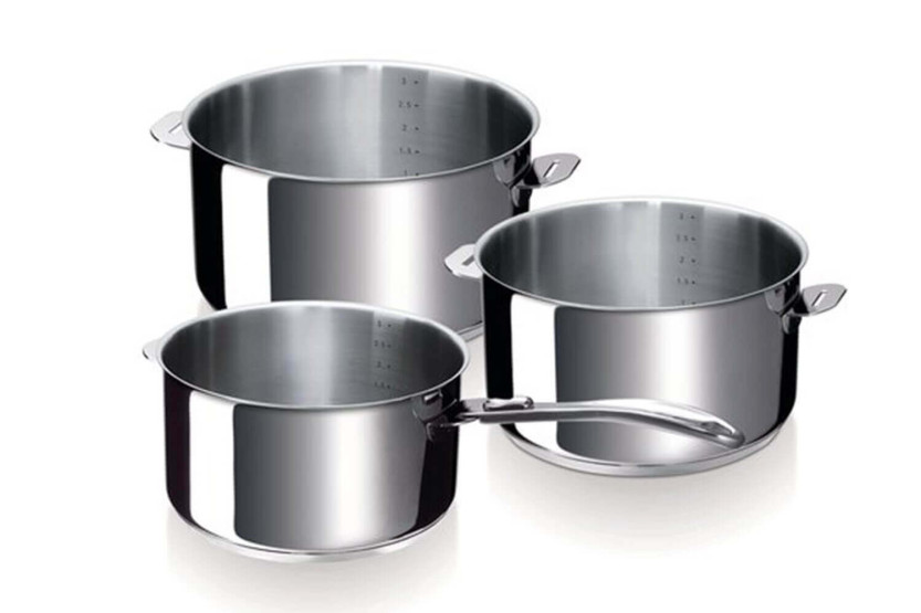 Set med 3 Beka Evolution kastruller i rostfritt stål 16, 18 och 20 cm - Avtagbart handtag ingår