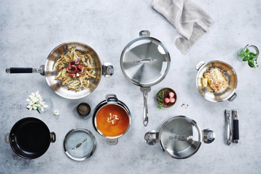 Conjunto de 3 panelas de aço inoxidável Beka Evolution de 16, 18 e 20 cm - Pega amovível incluída