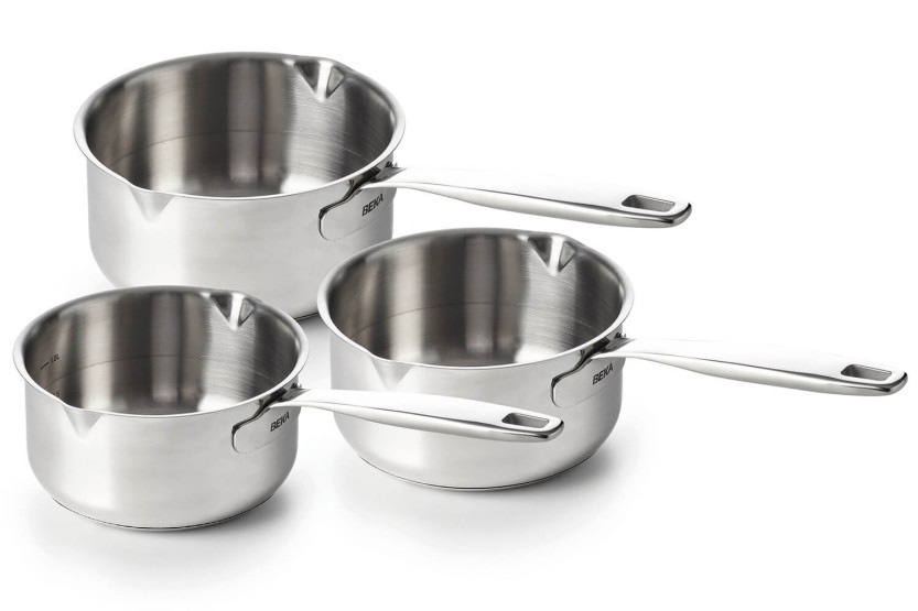 Set med 3 Beka Maestro 16-18-20 cm kastruller i 18/10 rostfritt stål med 2 pipar