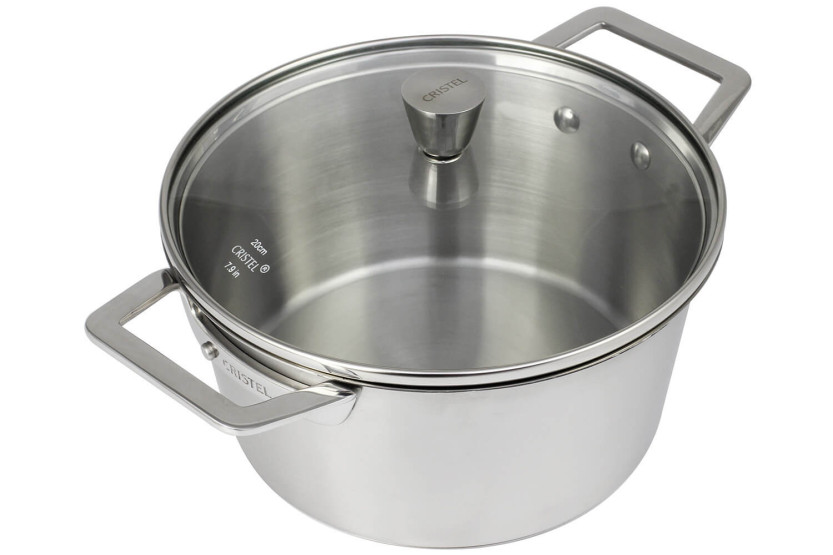Cristel 1826 casseruola in acciaio inox 18/10 spazzolato + coperchio in vetro curvato