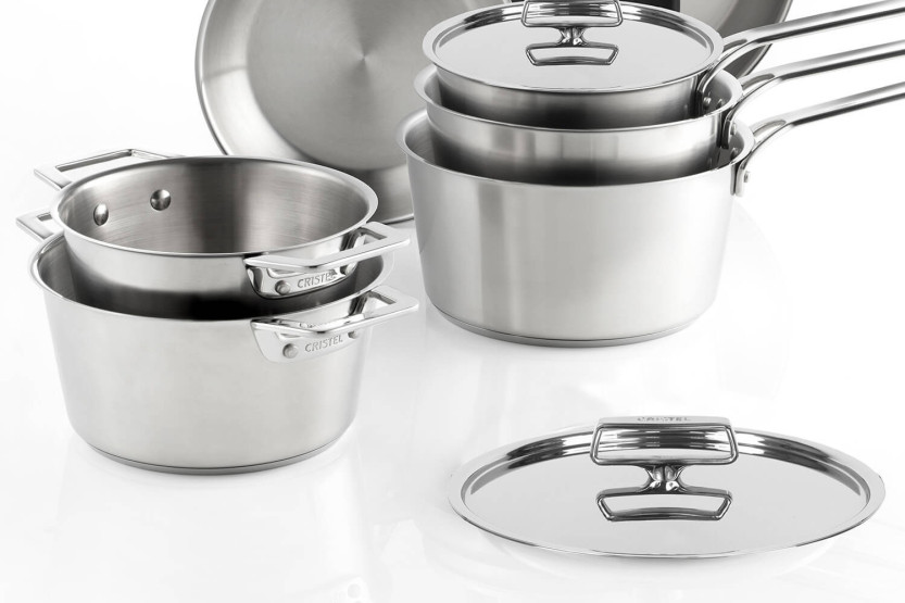Casseruola Cristel 1826 in acciaio inox 18/10 spazzolato + coperchio Castel'Pro in acciaio inox
