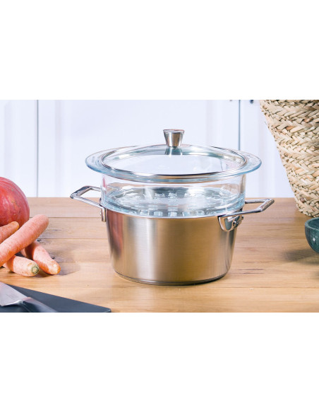 Cristel 1826 höyrysetti harjattua 18/10 ruostumatonta terästä ja lasia + kansi