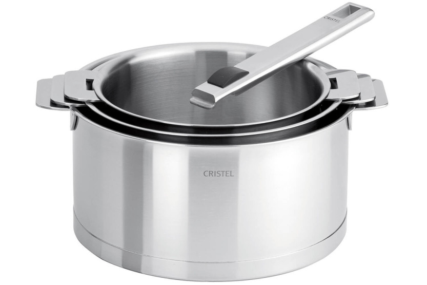 Sæt med 3 Cristel Strate aftagelige pander i 18/10 rustfrit stål + 1 Strate-håndtag i rustfrit stål