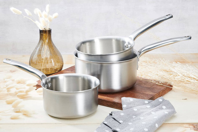 Set di 3 pentole De Buyer Alchimy a 3 strati in acciaio inox 18/10 da 16, 18 e 20 cm