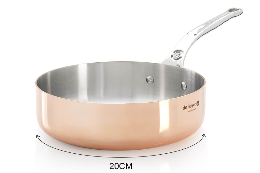 De Buyer Prima Matera induktionskompatibel sauteuse i rostfritt stål med rakt kopparhandtag och gjutjärnshandtag