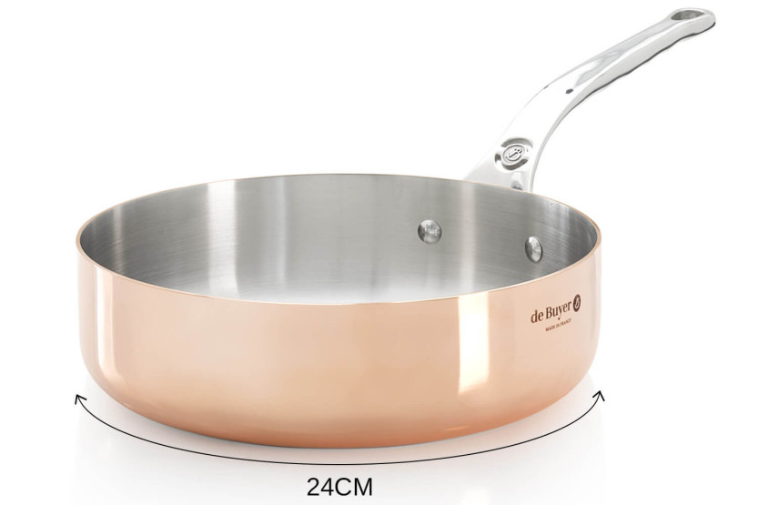 De Buyer Prima Matera induktionskompatibel sauteuse i rostfritt stål med rakt kopparhandtag och gjutjärnshandtag