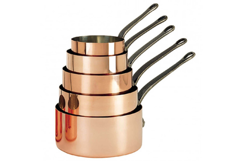Set of 5 De Buyer Inocuivre copper saucepans with cast-iron handles