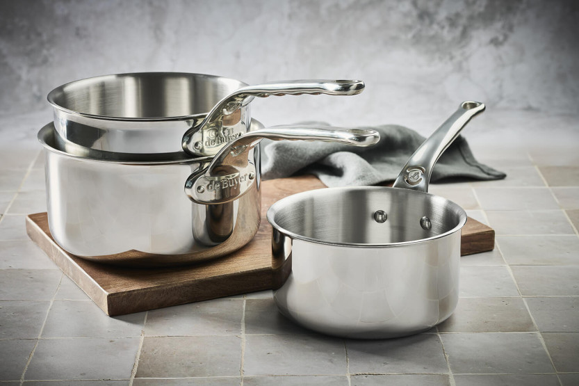 Set of 3 De Buyer Affinity stainless steel saucepans 5 ply 16-18-20cm