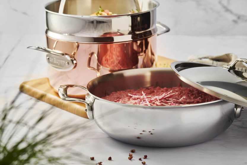 De Buyer Affinity 28 cm 5-lags konveks sauterpanne i rustfritt stål med lokk