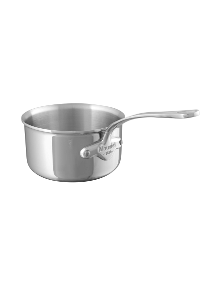 Mauviel M'Cook -ruostumattomasta teräksestä valmistettu kattila, jossa on kiinteä induktiokäyttöön soveltuva kahva.