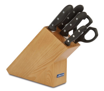 Bloque de pino 4 cuchillos + 1 tijera Arcos MAITRE hojas de acero inoxidable NITRUM