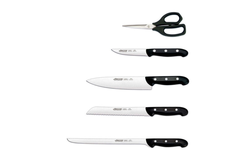 Fyrreblok 4 knive + 1 Arcos MAITRE-saks NITRUM-blade i rustfrit stål