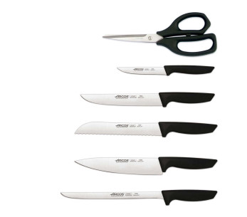 Hevea blokk 5 kniver + Arcos NIZA saks med blad av rustfritt stål NITRUM 2