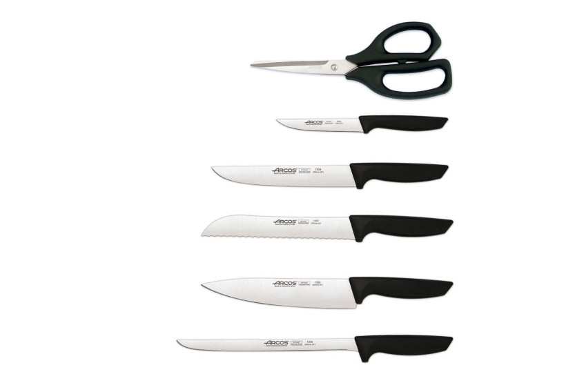 Hevea blokk 5 kniver + Arcos NIZA saks med blad av rustfritt stål NITRUM
