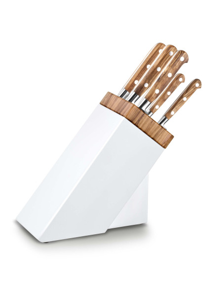 SABATIER Taco provenzal de madera de olivo lacada en blanco 5 cuchillos forjados de acero inoxidable