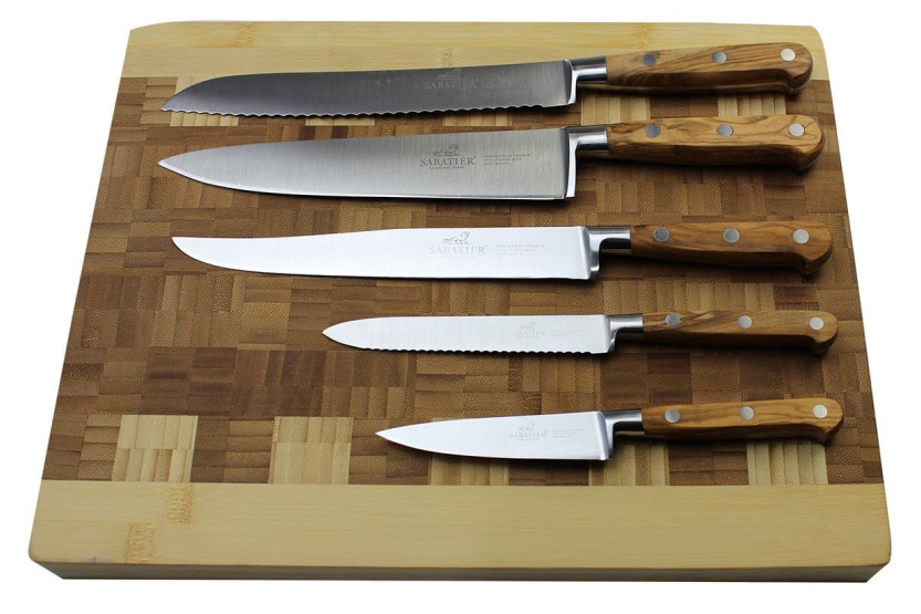 SABATIER Taco provenzal de madera de olivo lacada en blanco 5 cuchillos forjados de acero inoxidable