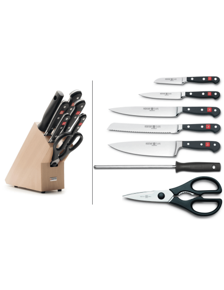 Bloque de cocina forjado Wusthof Classic 7 piezas - 5 cuchillos + 1 pistola y un par de tijeras