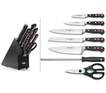 Bloco de cozinha preto Wusthof Classic 7 peças - 5 facas + 1 pistola e uma tesoura