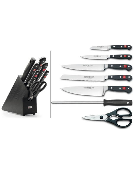 Bloco de cozinha preto Wusthof Classic 7 peças - 5 facas + 1 pistola e uma tesoura