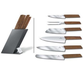 Blokk med 6 Victorinox Swiss Modern kjøkkenkniver med håndtak i valnøtt