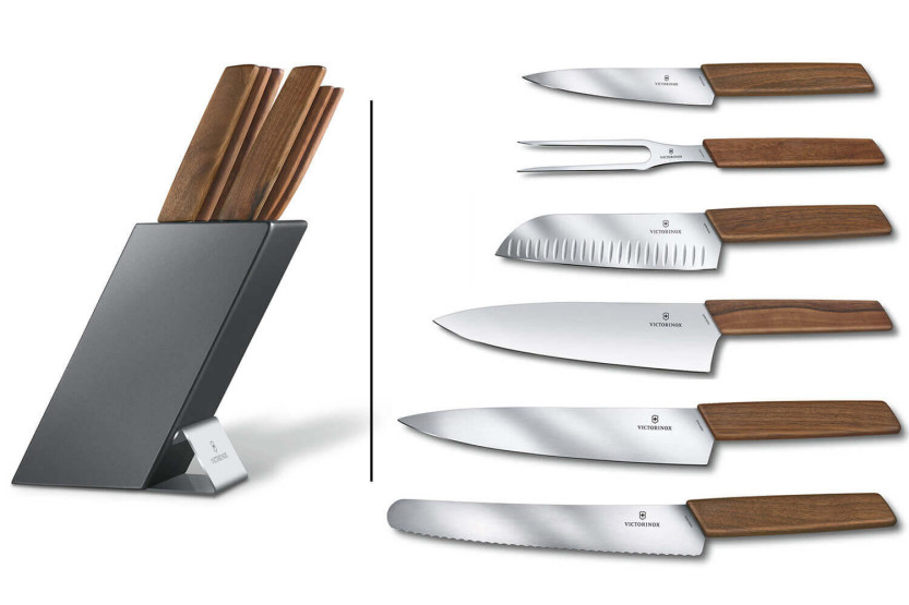 Blokk med 6 Victorinox Swiss Modern kjøkkenkniver med håndtak i valnøtt