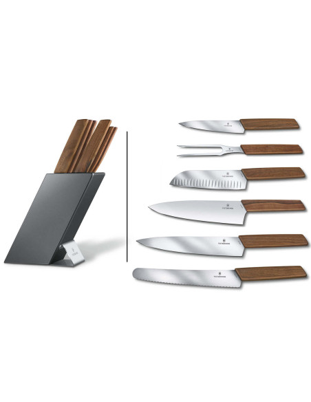 Bloco de 6 facas de cozinha Victorinox Swiss Modern com cabos de nogueira