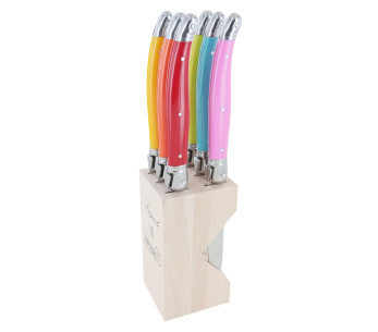 Bloco de 6 facas para bifes micro-serrilhadas Laguiole de André Verdier Spring multicoloridas