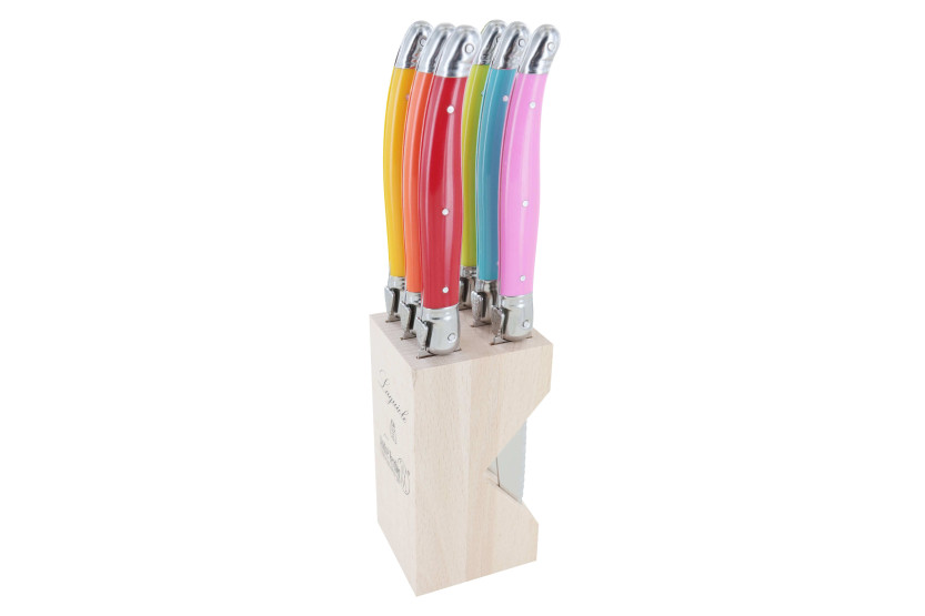 Block of 6 Laguiole micro-serrated steak knives by André Verdier Spring multicolor