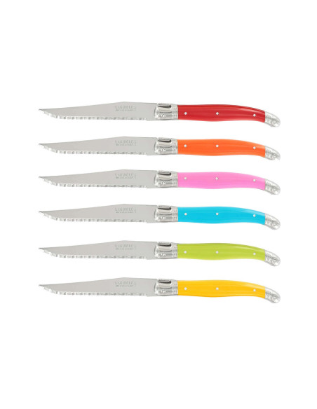 Blocco di 6 coltelli da bistecca microseghettati Laguiole di André Verdier Spring multicolore