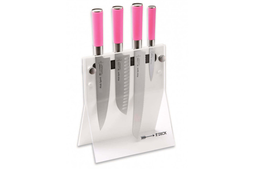 Bloco acrílico de 4 facas de aço inoxidável Dick Pink Spirit cabo cor-de-rosa