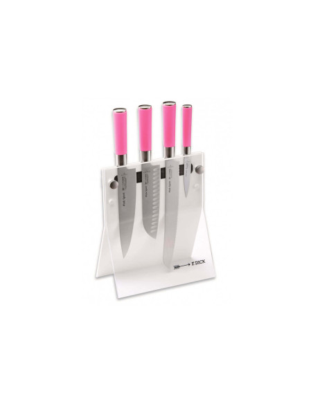 Acrylic block of 4 Dick Pink Spirit stainless steel knives pink handle