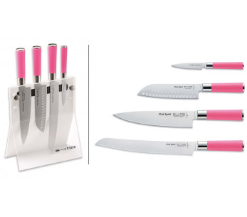 Akryylilohko 4 Dick Pink Spirit -keittiöveitsiä vaaleanpunaisilla kahvoilla.