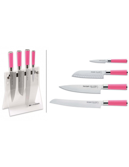 Blocco acrilico di 4 coltelli da cucina Dick Pink Spirit con manici rosa