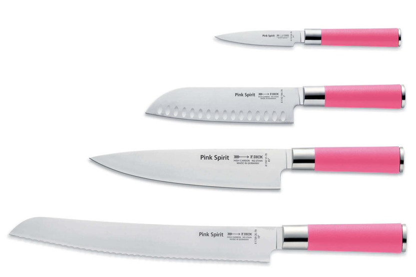 Akrylblok med 4 Dick Pink Spirit-køkkenknive med pink håndtag