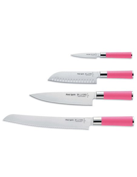 Acryl blok van 4 Dick Pink Spirit keukenmessen met roze handvatten