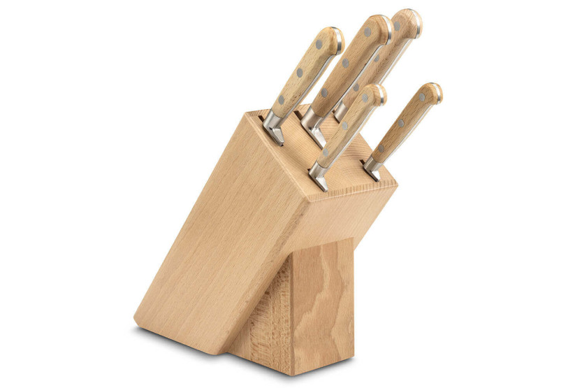 Sabatier beukenhouten blok met 5 Brocéliande gesmede messen met beukenhouten handvatten