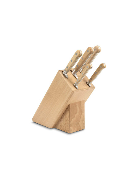 Sabatier beukenhouten blok met 5 Brocéliande gesmede messen met beukenhouten handvatten