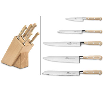 Sabatier bokträblock med 5 smidda Brocéliande-knivar med bokträhandtag