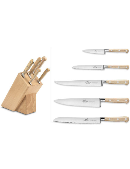 Sabatier beukenhouten blok met 5 Brocéliande gesmede messen met beukenhouten handvatten