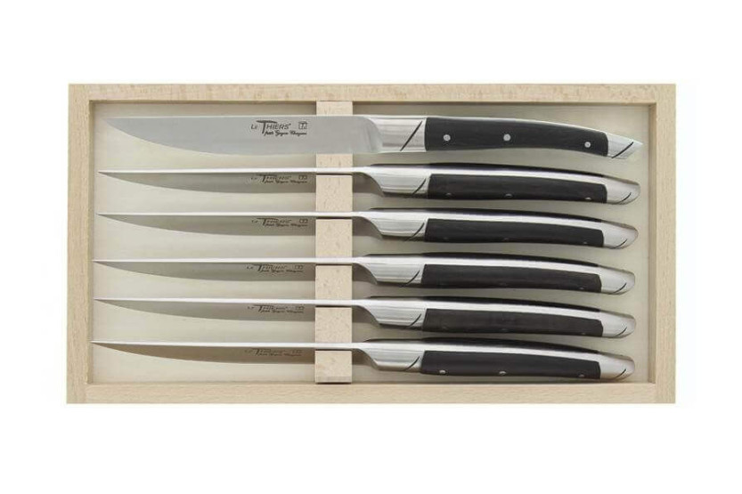 Bokssett med 6 Avantage Le Thiers Goyon-Chazeau bordkniver med ibenholtskaft
