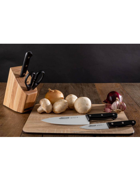 Wooden block of 3 Arcos Universal kitchen knives + scissors