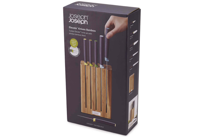 Bambusblok med 5 Joseph Joseph Elevate-knive med magnetiske indhak