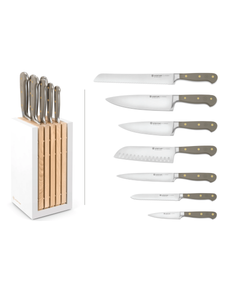 Blok med 7 Wusthof Classic Colour Velvet Oyster smedede knive