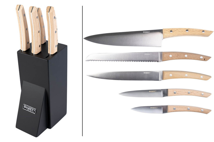 Bloque de 5 cuchillos de cocina Homey's Bokträ con mango de madera de haya