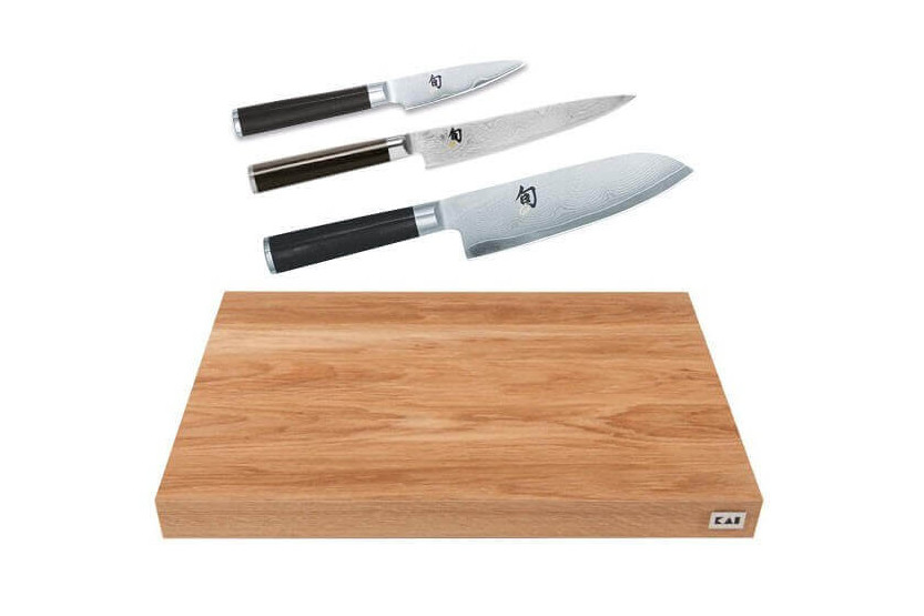KAI Schneide-Set Schneidebrett aus Eiche + 3 Shun Classic Messer