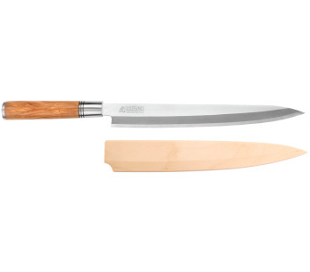 27 cm Wusaki Olive 7Cr yanagibakniv med håndtak i oliventre + saya
