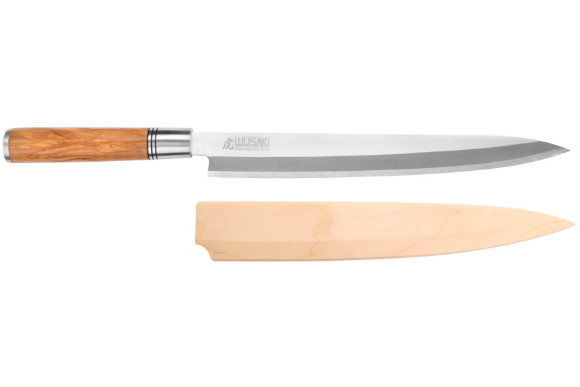 27 cm Wusaki Olive 7Cr yanagibakniv med håndtag i oliventræ + saya