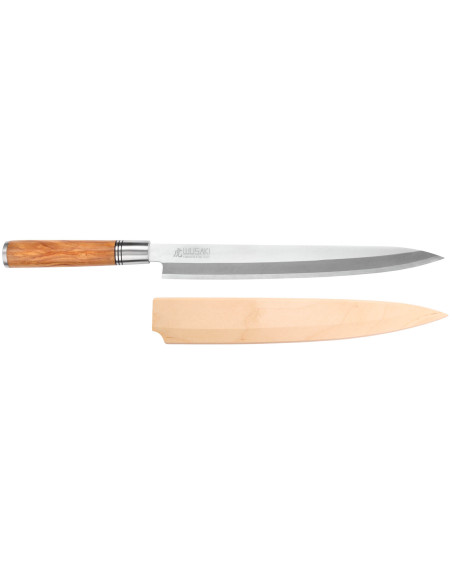 27 cm Wusaki Olive 7Cr yanagibakniv med håndtag i oliventræ + saya