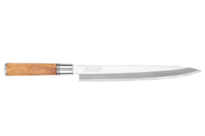 Coltello Wusaki Olive 7Cr yanagiba da 24 cm con manico in legno d'oliva + saya